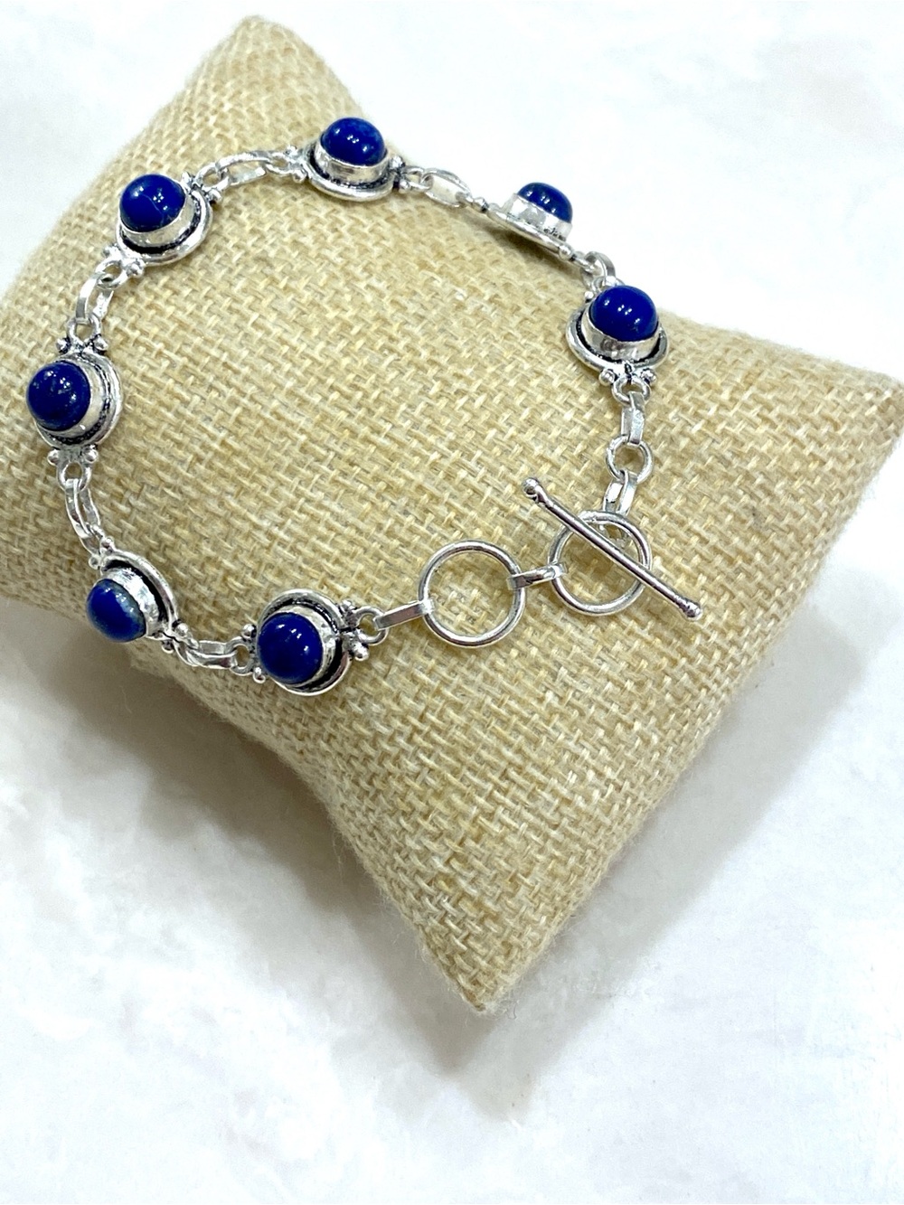Vintage Silver Blue Stone Cabochon Link Bracelet